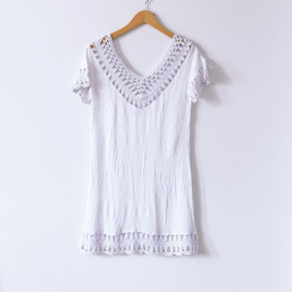 La Vie en Rose White Crochet V-Neck Short Sleeve Cover-Up Beach Resort Dress S